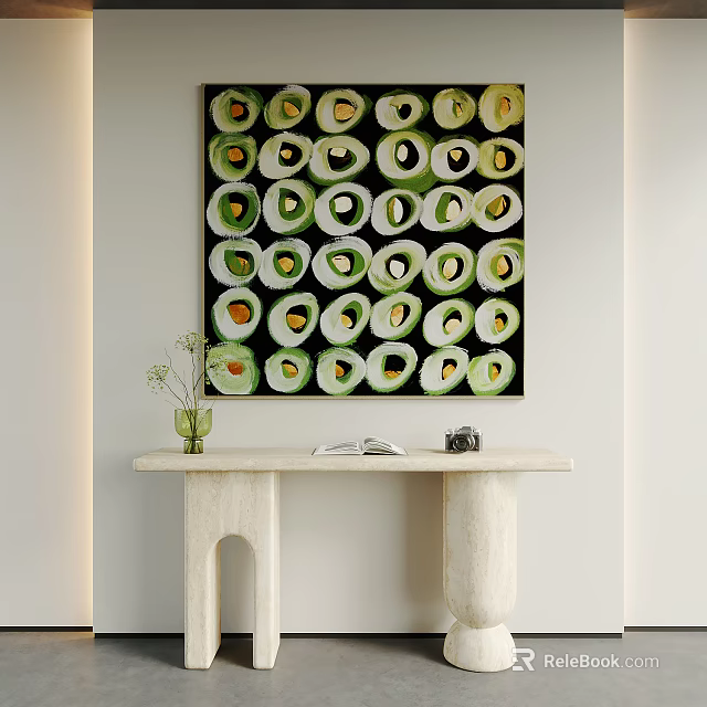 Sushi Roll Pattern Artwork With Green White Circles On Living Room Wall 3d model