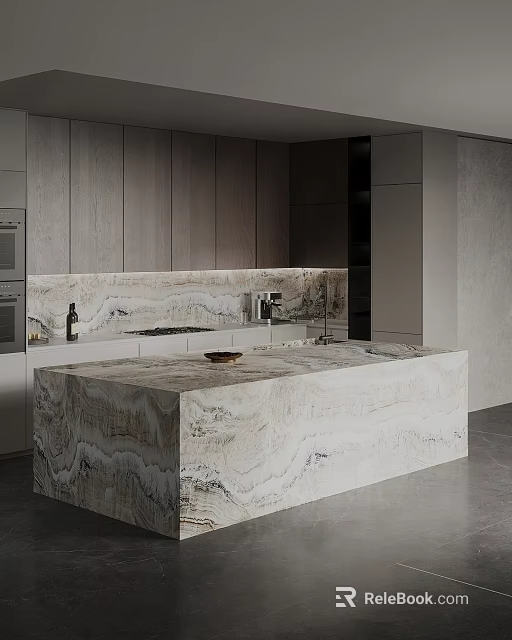 Modern Kitchen Interior With Gray Cabinets Marble Island And Lighted Backsplash 3d model 
