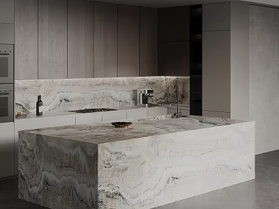 Modern Kitchen Interior With Gray Cabinets Marble Island And Lighted Backsplash 3d model