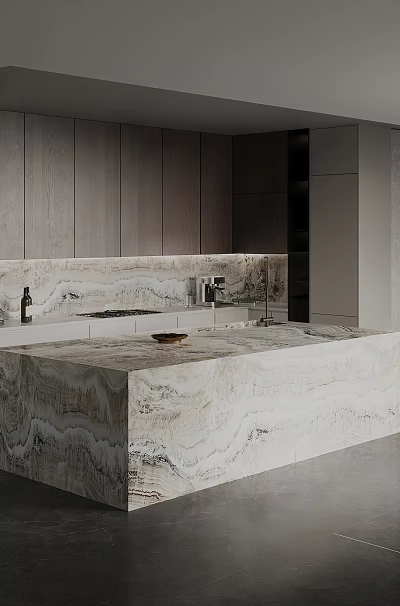 Modern Kitchen Interior With Gray Cabinets Marble Island And Lighted Backsplash 3d model
