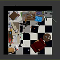 Cartoon Room Scene With Brick Wall Shelves Colorful Items Desk Computer Armchair And Checkerboard Floor