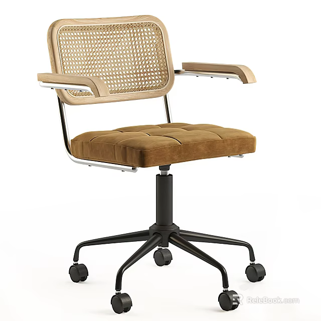 Woven Backrest Office Chair with Wooden Armrests Brown Tufted Velvet Cushion Black Metal Base Casters 3d model 