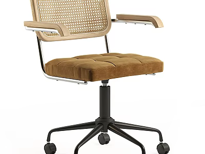 Woven Backrest Office Chair with Wooden Armrests Brown Tufted Velvet Cushion Black Metal Base Casters 3d model