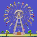 Colorful Ferris Wheel With Bright Cabins Against Clear Blue Sky And Small Trees
