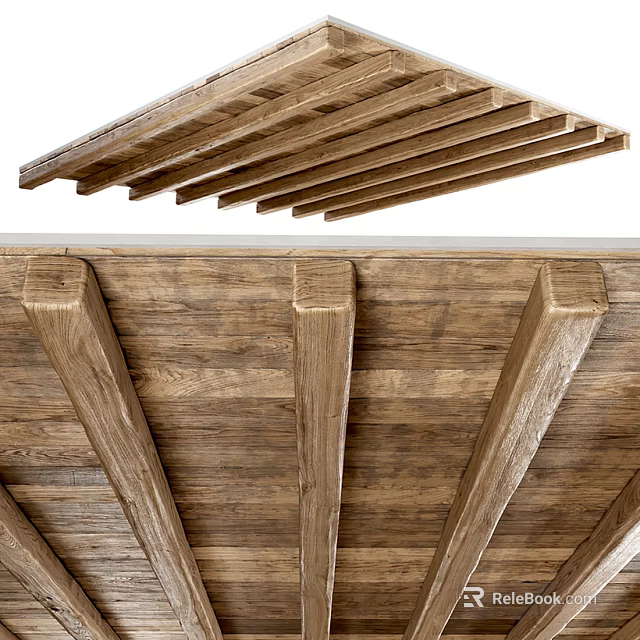 Rustic Wooden Ceiling With Exposed Beams And Natural Grain Texture 3d model 