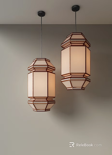 Two Elegant Pendant Lights with Geometric Wooden Frames and Beige Translucent Shades Casting Warm Glow 3d model 