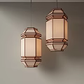 Two Elegant Pendant Lights with Geometric Wooden Frames and Beige Translucent Shades Casting Warm Glow
