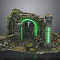 Mystical Stone Archway Scene With Green Neon Lights Moss And Pipes