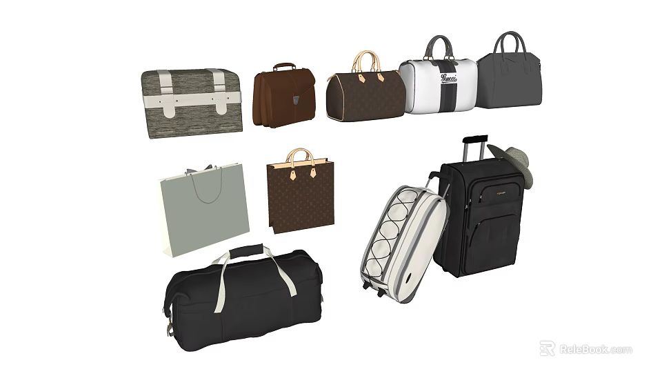 Different Styles and Colors of Luggage and Bags Including Wheeled Suitcase Leather Briefcase Travel Duffel 3d model 