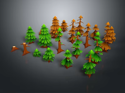 Cartoon Forest Scene With Green Orange Pine Trees And Tree Stumps 3d model