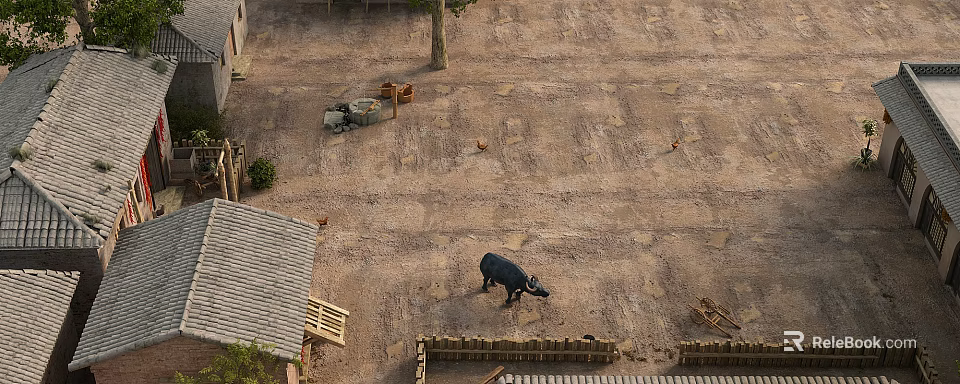 Rural Garden Landscape With Black Buffalo Wooden Fence Tree And Dirt Ground 3d model 