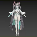 Woman With Long Dark Hair And Horns In White Green Outfit With Decorative Headdress 3d model