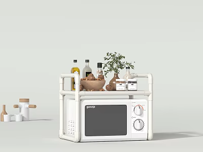 Functional White Microwave With Upper Shelf Holding Oil Bottles Small Plant And Jars 3d model