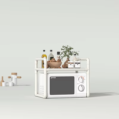 Functional White Microwave With Upper Shelf Holding Oil Bottles Small Plant And Jars 3d model