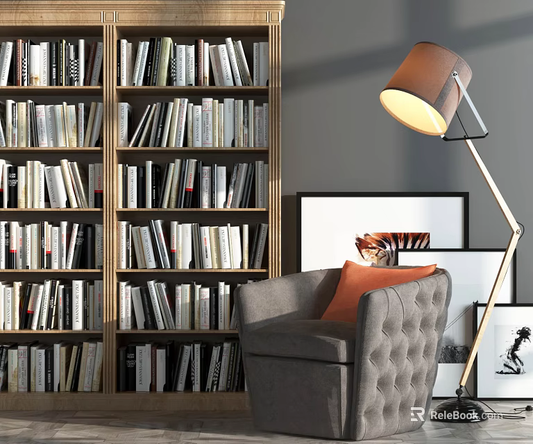 Wooden Bookcase Filled With Books Cozy Nook Gray Armchair Orange Cushion Floor Lamp Picture Frames 3d model 