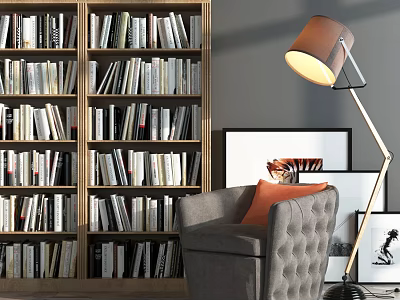 Wooden Bookcase Filled With Books Cozy Nook Gray Armchair Orange Cushion Floor Lamp Picture Frames 3d model