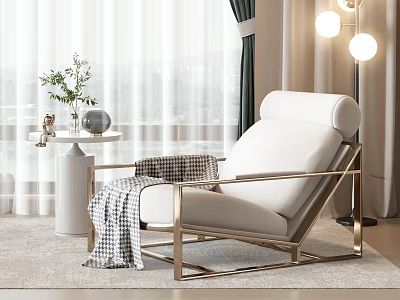 White Upholstered Accent Chair With Gold Metal Frame And Checkered Throw Blanket 3d model