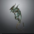 3D Rendered Mythical Teal And Gold Creature With Wings Sharp Teeth Long Tail