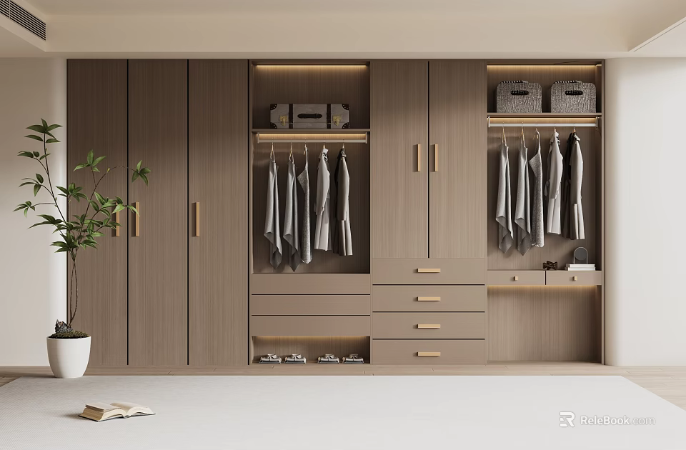 Modern Minimalist Wardrobe Interior With Hanging Space Drawers Shelves And Storage Bins 3d model 