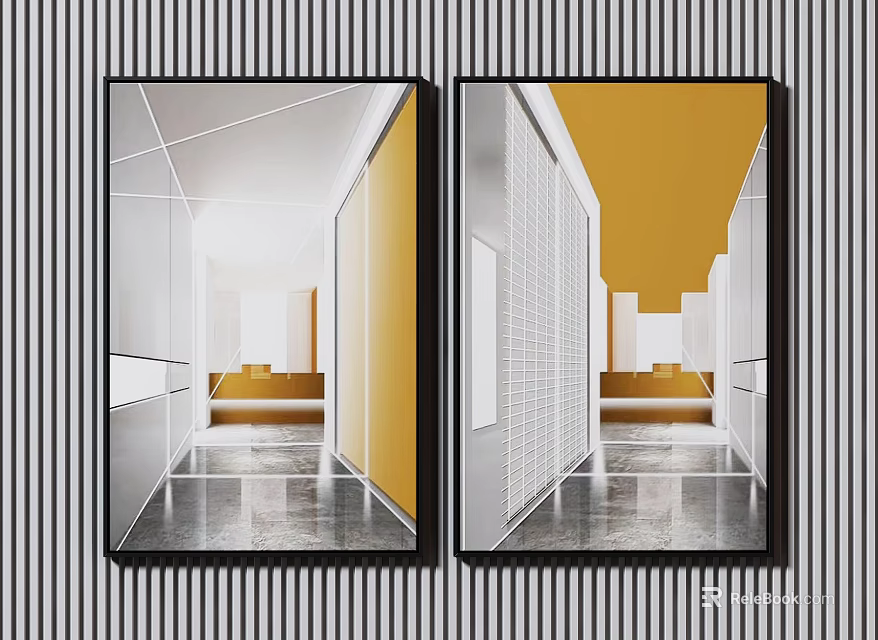 Dual Panel Modern Corridor Design With Geometric Elements And Color Contrast 3d model