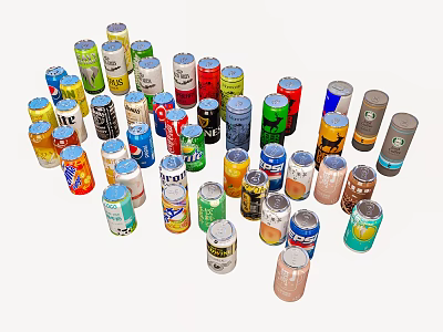 Various Colorful Beverage Cans From Different Brands Displayed Together 3d model