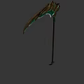 Green Metallic Scythe Weapon With Decorative Carvings And Long Handle