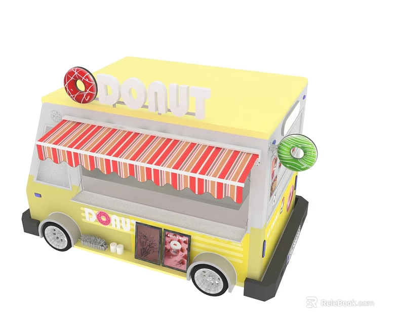 Swing Door on Yellow Donut Food Truck with Red Striped Awning and DONUT Sign 3d model 