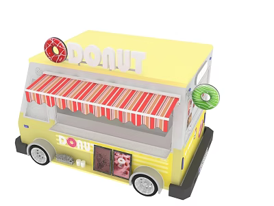 Swing Door on Yellow Donut Food Truck with Red Striped Awning and DONUT Sign 3d model
