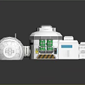 Cartoon Scene Featuring White Building With Green Cylindrical Tanks Circular Top Device And Grid Base