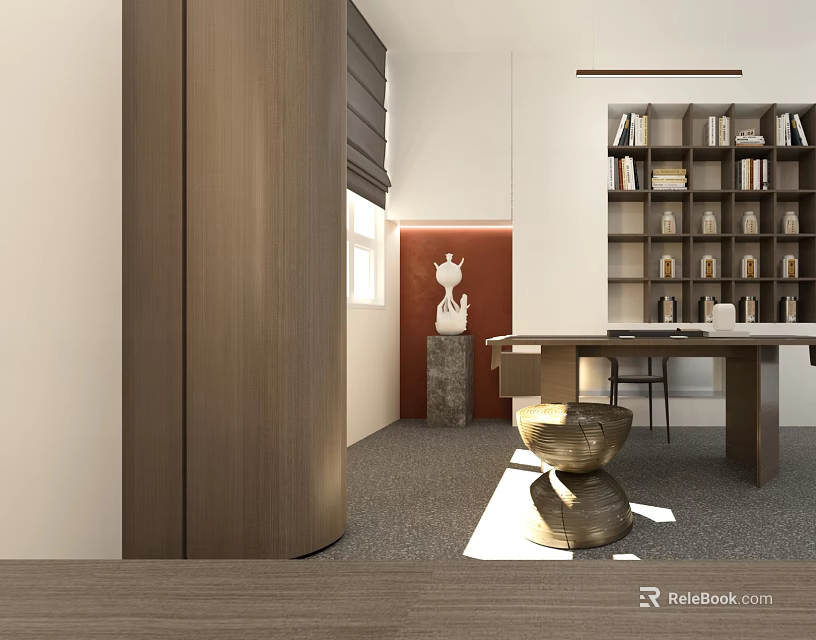 Modern Office Interior With Wooden Partition Bookshelf Desk Sculpture And Red Accent Wall 3d model 