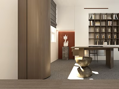 Modern Office Interior With Wooden Partition Bookshelf Desk Sculpture And Red Accent Wall 3d model