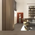 Modern Office Interior With Wooden Partition Bookshelf Desk Sculpture And Red Accent Wall