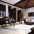 Traditional Chinese Clubhouse Interior Design With Wooden Beams Hanging Lanterns And Bamboo Plants
