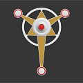 Decorative Star Shaped Ornament With Yellow Center Silver Ring And Red Spherical Accents