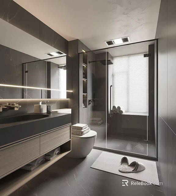 Modern Bathroom Interior Design with Large Mirror Vanity Glass Shower Enclosure Toilet and Storage Cabinets 3d model 
