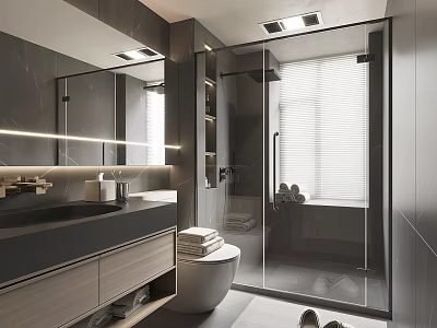 Modern Bathroom Interior Design with Large Mirror Vanity Glass Shower Enclosure Toilet and Storage Cabinets 3d model