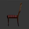 Classical Wooden Chair With Carved Backrest And Plaid Fabric Seat Cushion