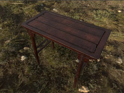 Dark Wooden Desk With Wooden Planks Top And Slim Legs On Grass Field 3d model