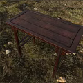 Dark Wooden Desk With Wooden Planks Top And Slim Legs On Grass Field