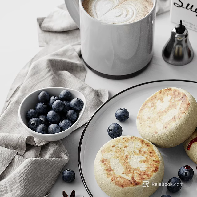 Fresh Blueberries And Toasted English Muffins On White Table With Linen Cloth 3d model 