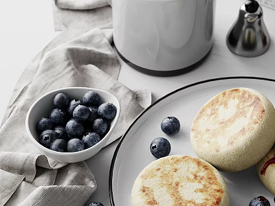 Fresh Blueberries And Toasted English Muffins On White Table With Linen Cloth 3d model