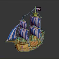 Pirate Ship Model Featuring Orange Hull Blue White Striped Sails And Skull Flag