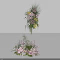 Floral Art Installation with Hanging and Floor Arrangements Pink White Yellow Flowers and Green Foliage