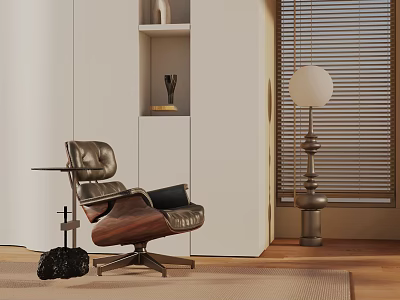 Mid Century Modern Leather Leisure Chair With Wooden Armrests And Floor Lamp 3d model