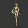 Anime Style Game Character With Blue Hair In Polka Dot Bikini Holding Colorful Beach Ball