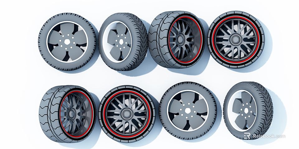 Car Tires With Various Wheel Rim Designs And Red Accent Details 3d model 