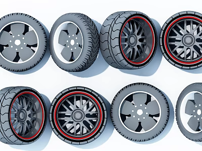 Car Tires With Various Wheel Rim Designs And Red Accent Details 3d model