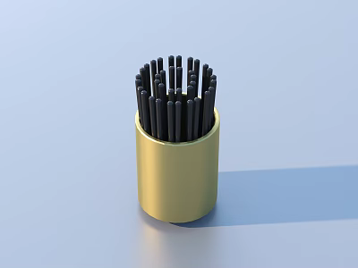 Modern Cutlery Set With Black Utensils In Golden Cylindrical Container 3d model
