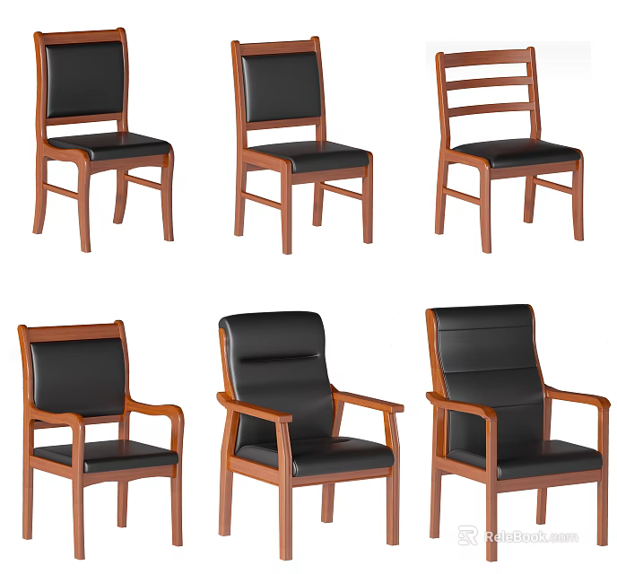 Stylish Office Chairs With Black Leather Seats Wooden Frames Including Armless And Armrest Designs 3d model 
