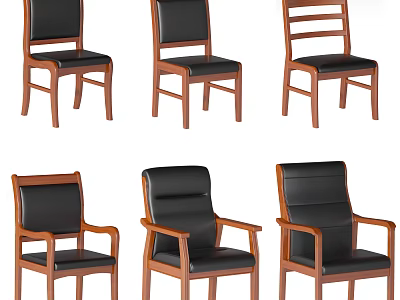 Stylish Office Chairs With Black Leather Seats Wooden Frames Including Armless And Armrest Designs 3d model